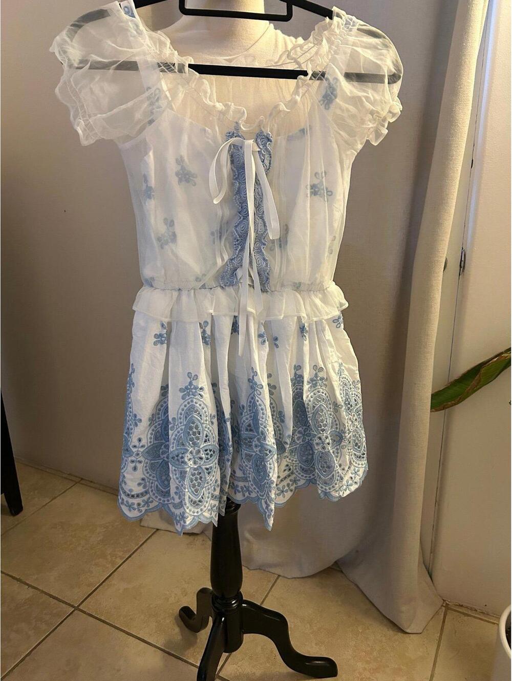 Authentic LIZ LISA White × Baby Blue Eyelet Embroidery Babydoll Dress